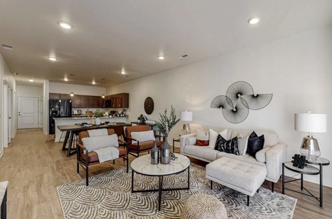 A living room with a white couch and a patterned rug.