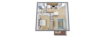 A 3D floor plan of a small apartment with a kitchen, living room, and bathroom.