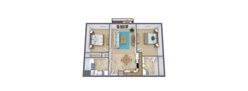 A 3D floor plan of a house with a living room, kitchen, dining room, and bathroom.