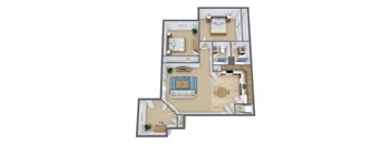 A floor plan of a house with a kitchen, living room, and two bedrooms.