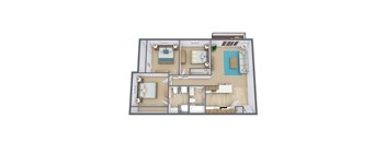 A top-down view of a house layout with two bedrooms, a living room, a kitchen, and a bathroom.