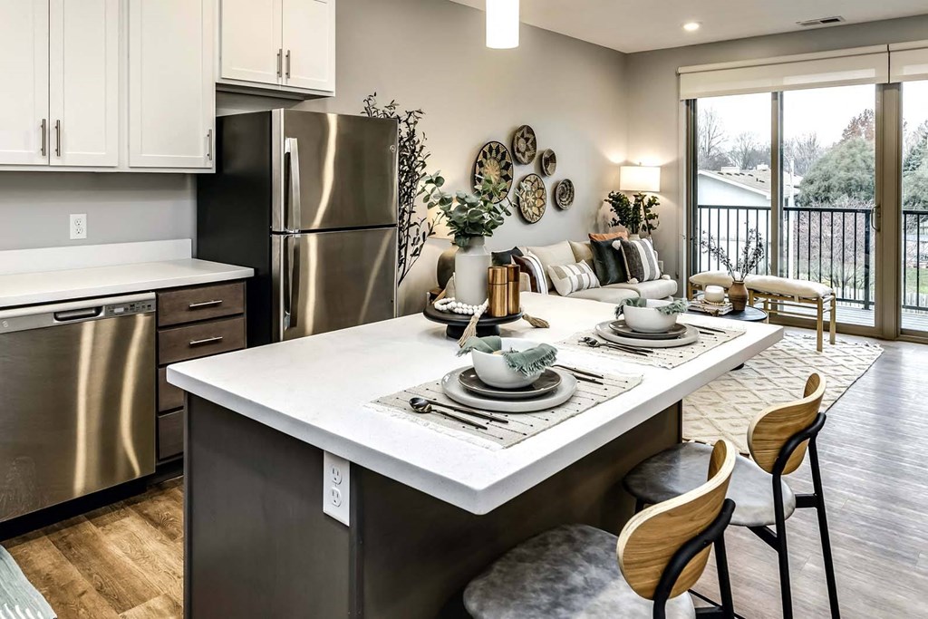 Two tone shaker cabinets with large kitchens at Echo Park in Omaha, NE