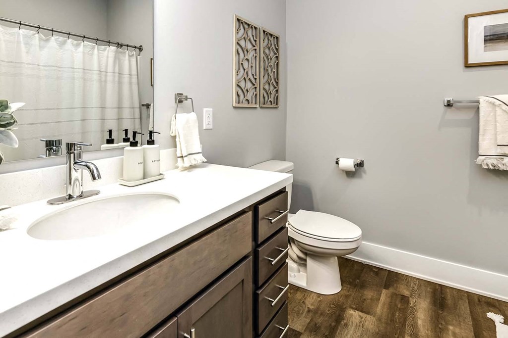 Large bathrooms with ample storage at Echo Park Apartments in Omaha, NE