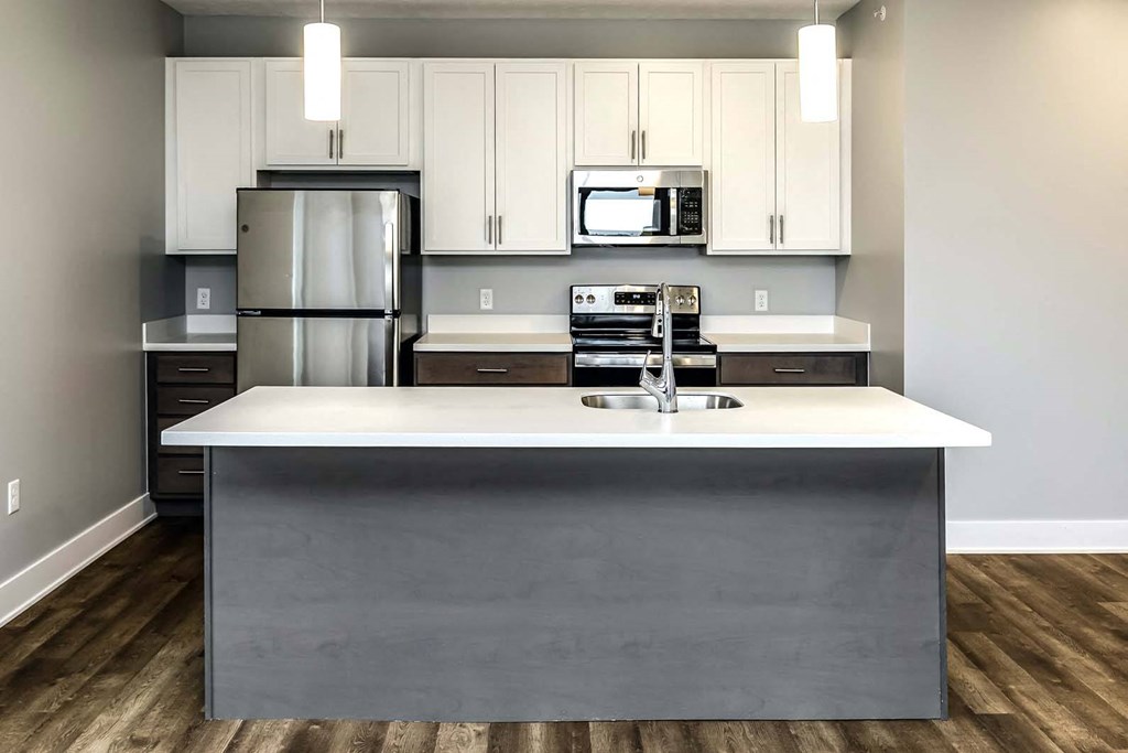 Two tone shaker cabinets with large kitchens at Echo Park in Omaha, NE