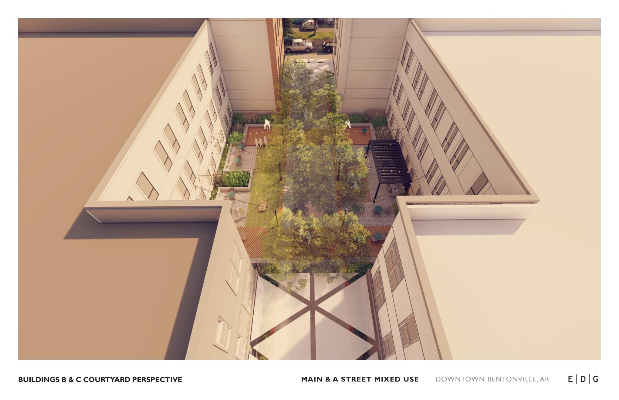 A view of a courtyard from a high angle with the text