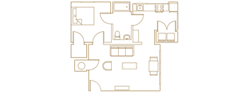 A floor plan of a house with a kitchen, living room, and bathroom.