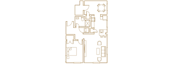 A floor plan of a house with a kitchen, living room, and two bedrooms.