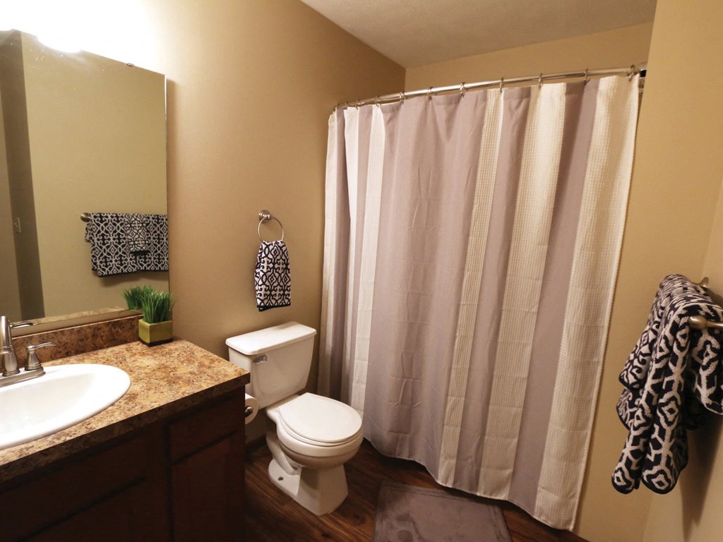a bathroom with a white shower curtain and a toilet and sink