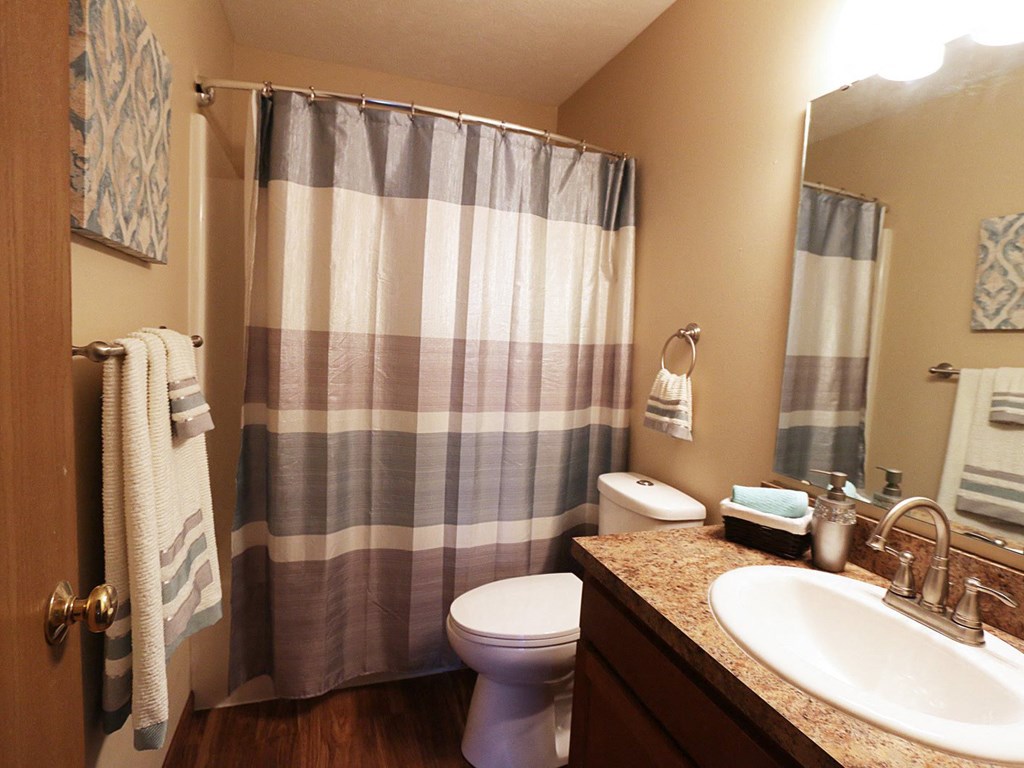 a bathroom with a shower curtain and a sink and a toilet