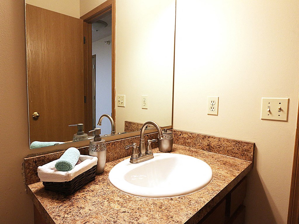 a bathroom with a sink and a mirror