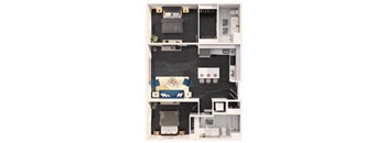 A black and white floor plan of a small apartment with a kitchen, living room, and bathroom.