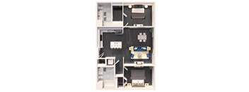 A dollhouse with a black floor and white walls.