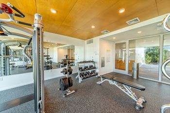 A gym with a variety of equipment including weights and a leg press machine.
