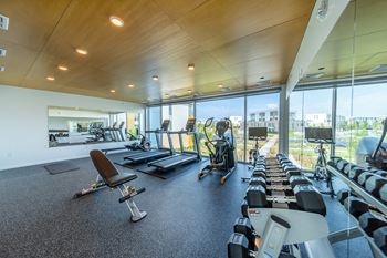A gym with a variety of equipment including treadmills, weights, and exercise machines.