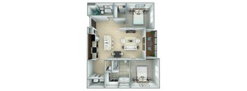 A 3D floor plan of a small apartment with a kitchen, living room, and bedroom.