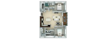 A 3D floor plan of a house with two bedrooms, a living room, a kitchen, and a bathroom.