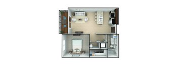 A 3D floor plan of a small apartment with a living room, kitchen, and bedroom.