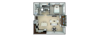 A 3D floor plan of a house showing a kitchen, living room, dining room, and bedrooms.