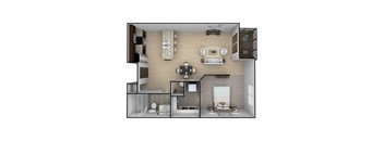 A 3D floor plan of a small apartment with a kitchen, living room, and bedroom.