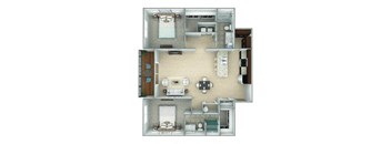 A 3D floor plan of a small apartment with a kitchen, living room, and two bedrooms.