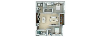 A 3D floor plan of a small apartment with two bedrooms and a living area.