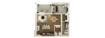 A dollhouse kitchen with a white fridge, brown cabinets, and a white stove.