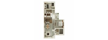 A white model of a house with a kitchen, living room, and bathroom.