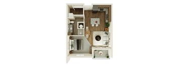 A top-down view of a small apartment with a kitchen, living room, and bathroom.