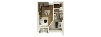 A top down view of a small apartment with a kitchen, living room, and bathroom.