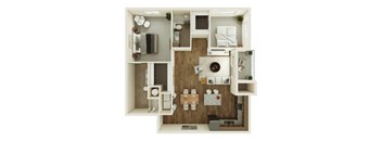 A top-down view of a small apartment with a kitchen, living room, and bathroom.