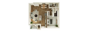 A top-down view of a modern apartment layout with a kitchen, living room, and bathroom.