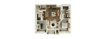 A top down view of a small apartment with a kitchen, living room, and bathroom.