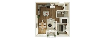 A top-down view of a small apartment with a kitchen, living room, and bathroom.