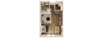 A top down view of a small apartment with a kitchen, living room, and bathroom.