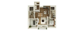 A dollhouse with a white and brown color scheme is displayed.