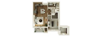A 3D floor plan of a small apartment with a kitchen, living room, and bathroom.