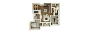 A top-down view of a small apartment with a kitchen, living room, and bathroom.
