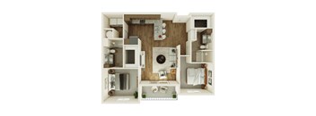A top-down view of a small, well-organized apartment with a kitchen, living room, and bathroom.