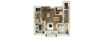 A top-down view of a small apartment with a kitchen, living room, and bathroom.