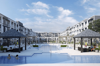 an artist's impression of the pool area of the apartments to be built on the site of