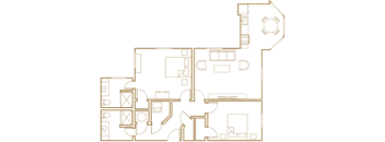 A floor plan of a house with a kitchen, living room, and two bedrooms.
