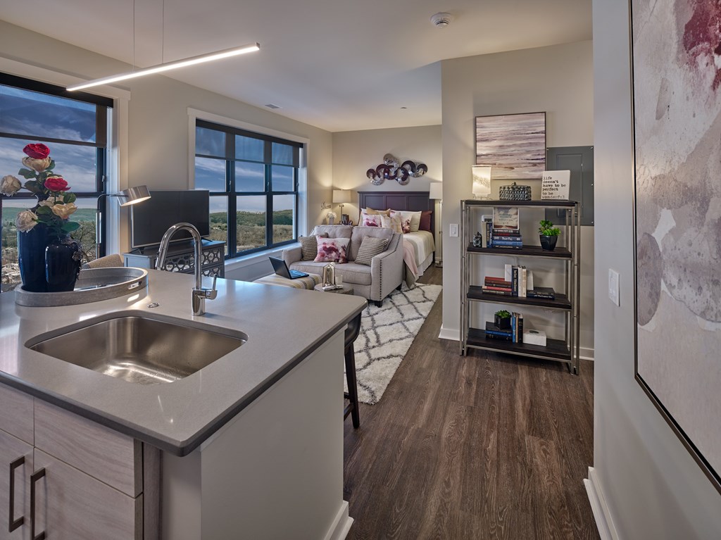 a kitchen with a sink and a view of a living room a kitchen with a sink and a view of a living room at 520 Lofts, Pennsylvania 18101