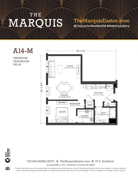 A floor plan for an apartment at The Marquis in Easton.