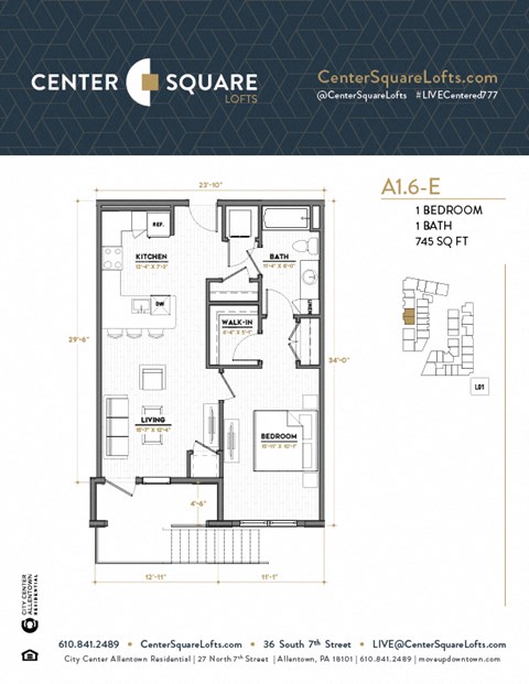 A16E Floor Plan at Center Square Lofts East, Allentown 