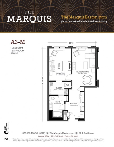 Apartment floor plan for a 1 bedroom apartment.
