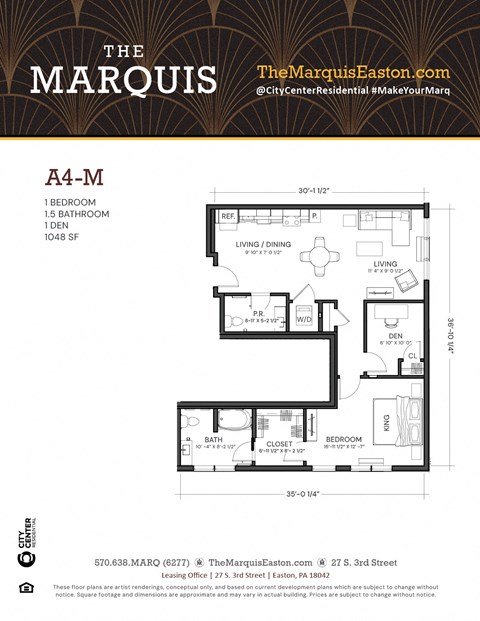Apartment floor plan for a 1 bedroom apartment.