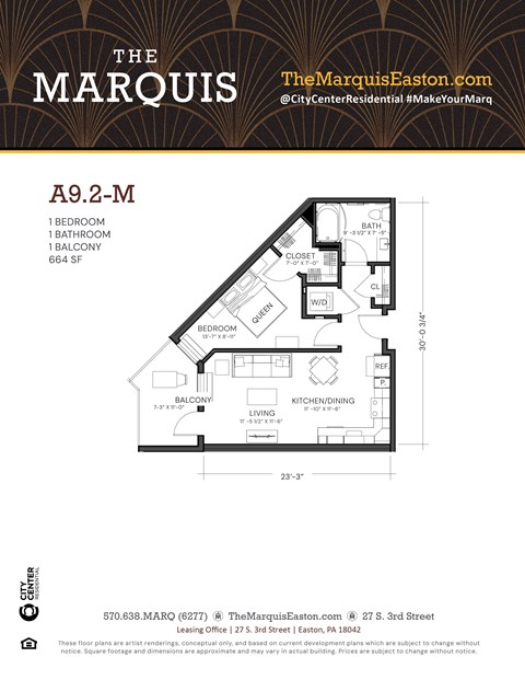 Apartment floor plan for a 1 bedroom apartment.
