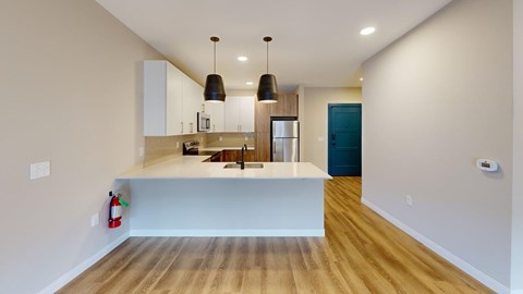 A kitchen with a white countertop and wooden floors.