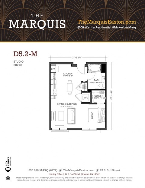 A floor plan for a studio apartment at The Marquis Easton.
