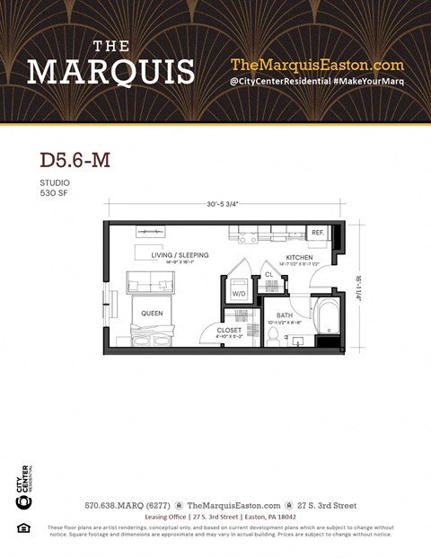 A floor plan for a studio apartment at The Marquis Easton.